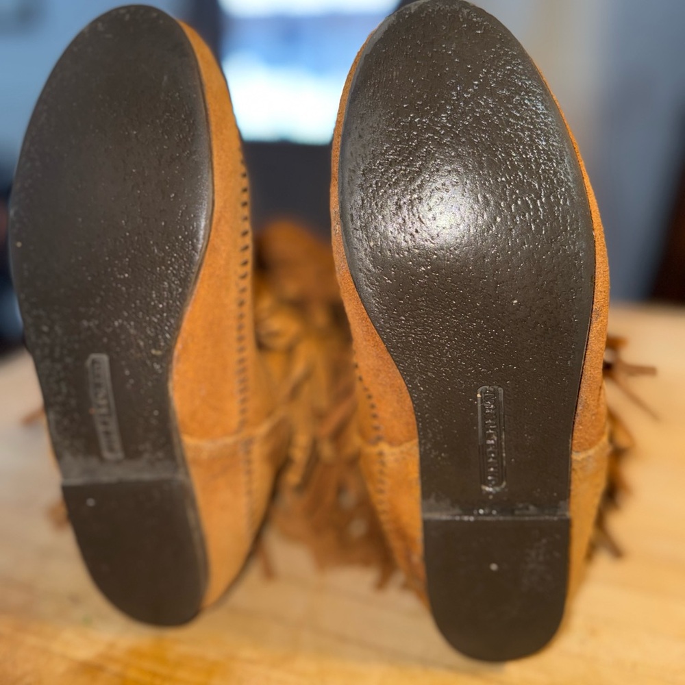Minnetonka Fringe Boot Moccasins 3 Layer Soft Suede Rusty Brown 12” Tall - Picture 2 of 3